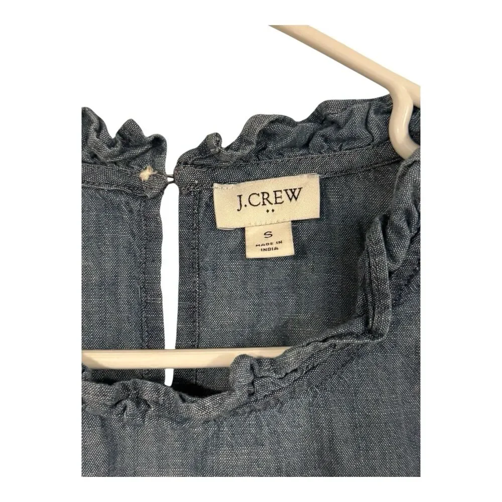 J Crew Shirt Women’s S Blue Chambray Ruffle Neck Long Sleeve Button Top Peasant